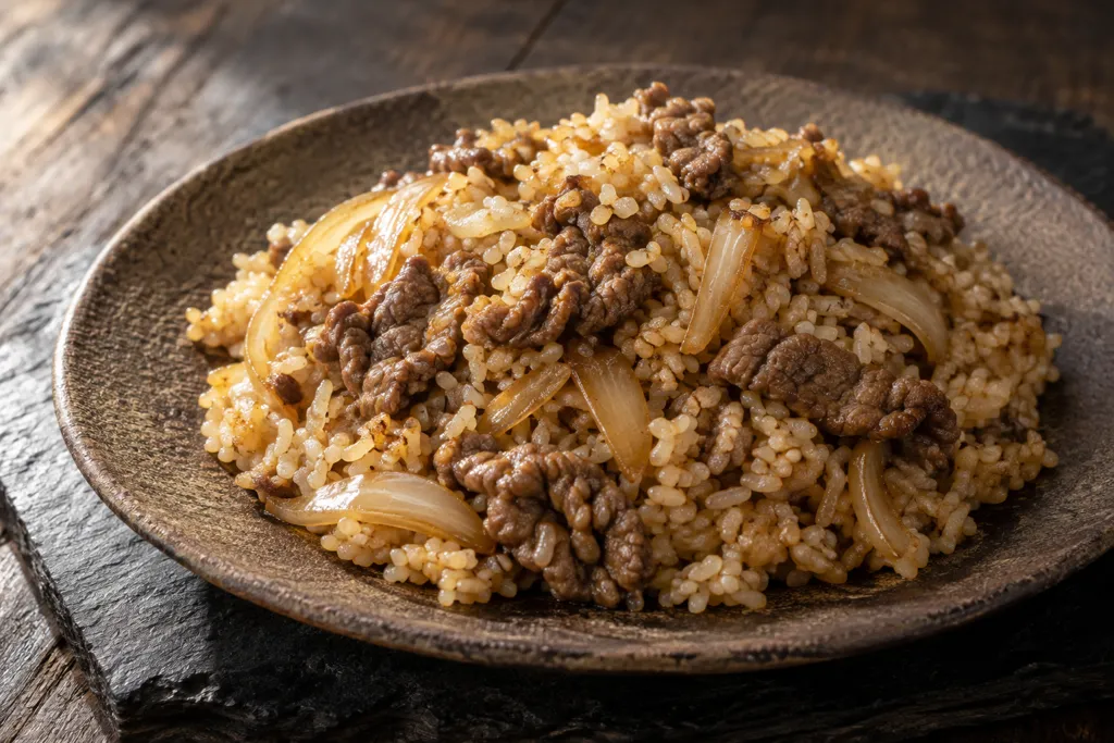 牛こま肉と玉ねぎの焼きめしの完成イメージ