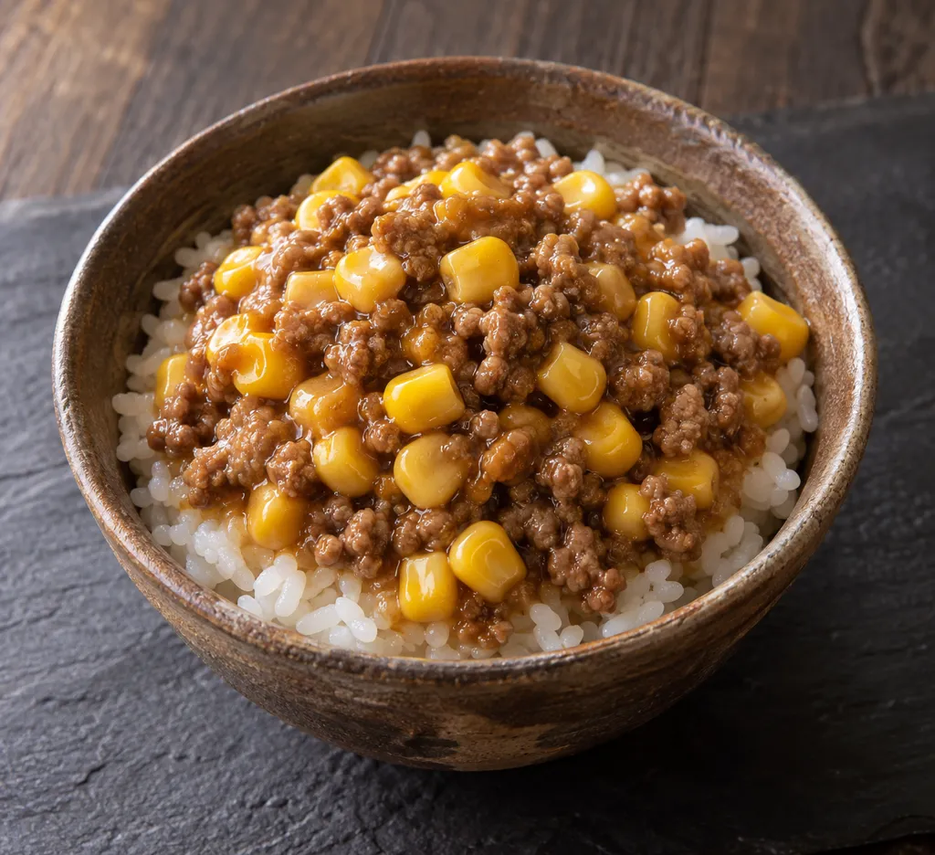 合いびき肉とコーンの味噌そぼろ丼の完成イメージ