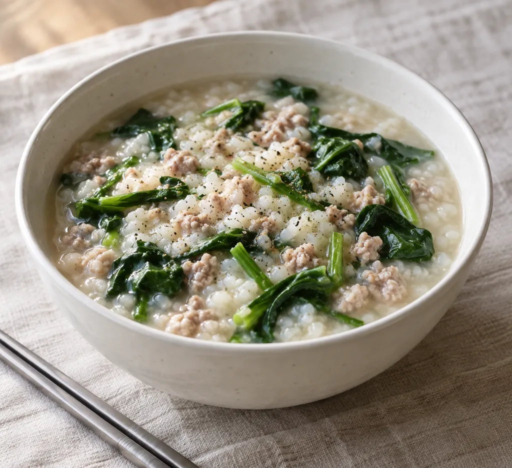 豚ひき肉とほうれん草のタイ風おかゆの完成イメージ
