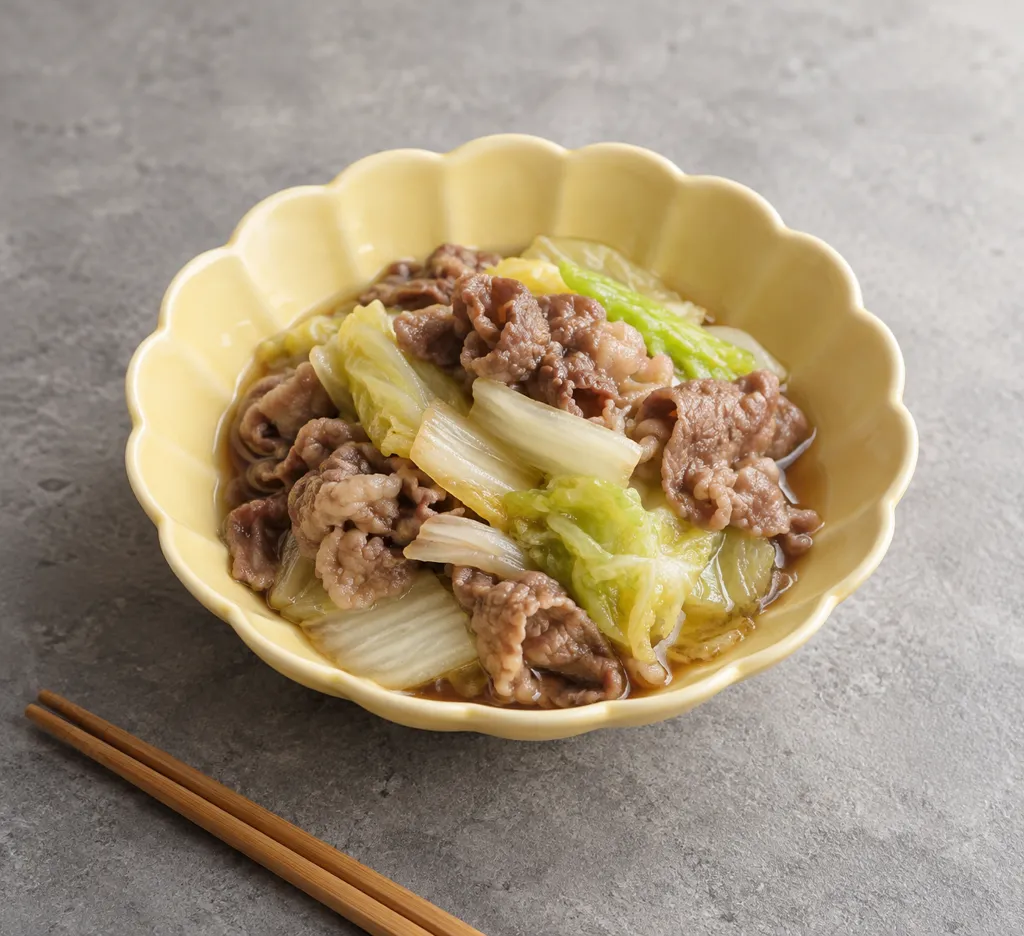 白菜と牛こま肉の中華蒸しの完成イメージ