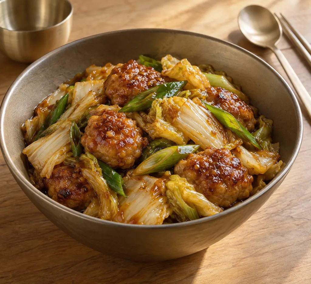 鶏団子と白菜の甘辛味噌炒めの完成イメージ
