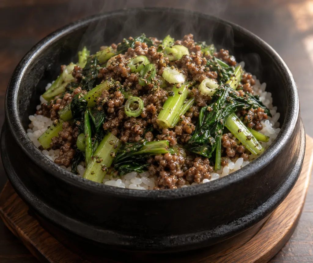 牛ひき肉と小松菜のバジル炒め丼の完成イメージ