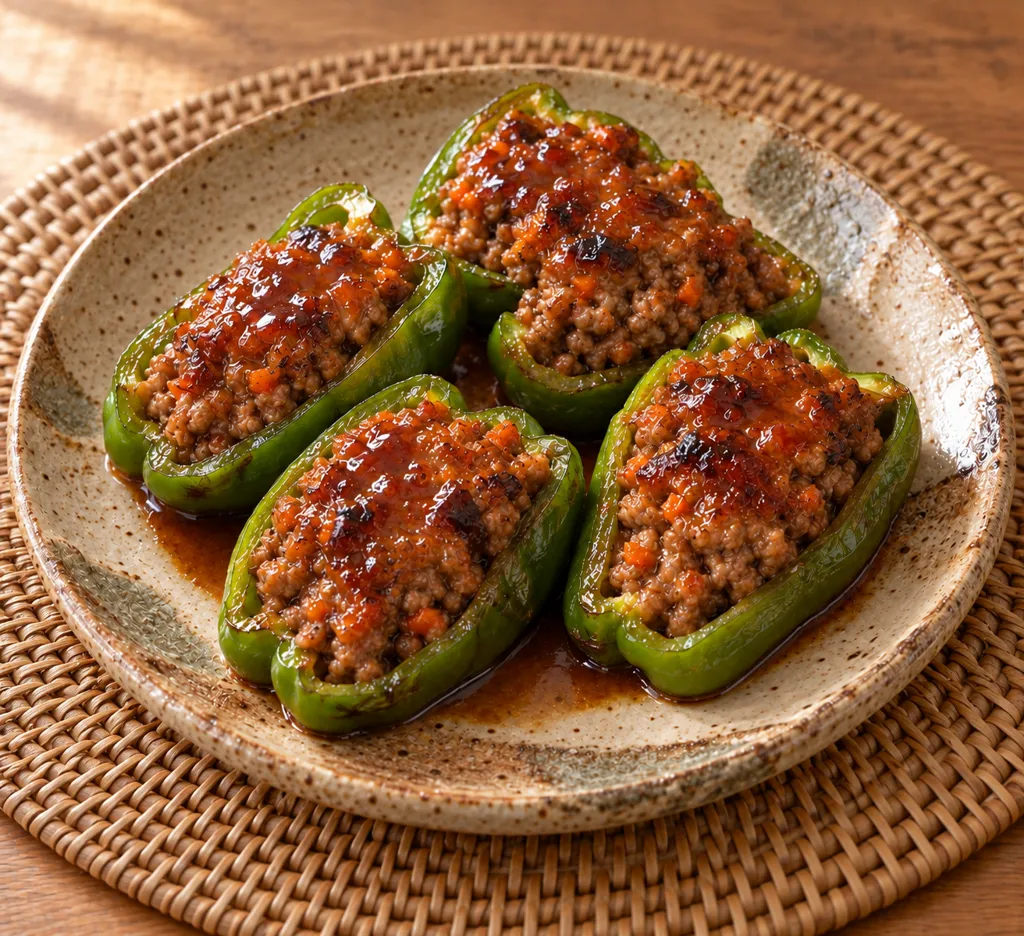 合いびき肉とにんじんのピーマン肉詰めの完成イメージ
