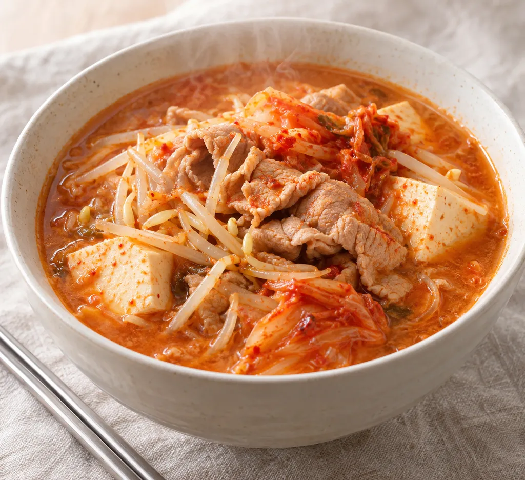 豚こま肉ともやしのキムチ鍋の完成イメージ