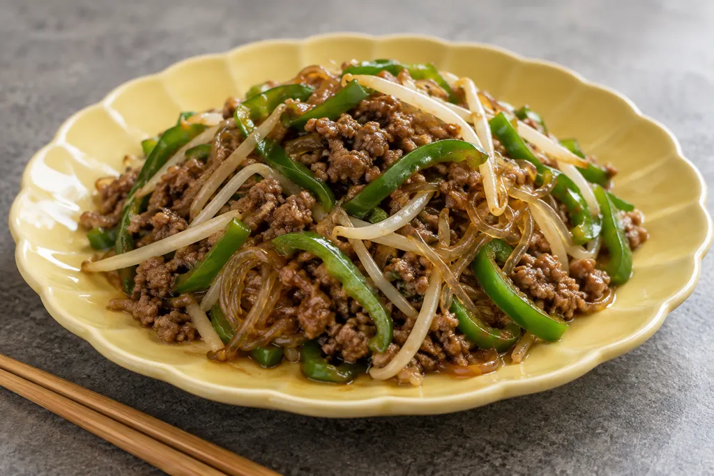 合いびき肉とピーマンの春巻き風炒めの完成イメージ
