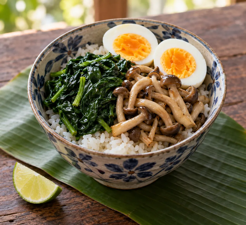 ほうれん草としめじのナムル丼の完成イメージ