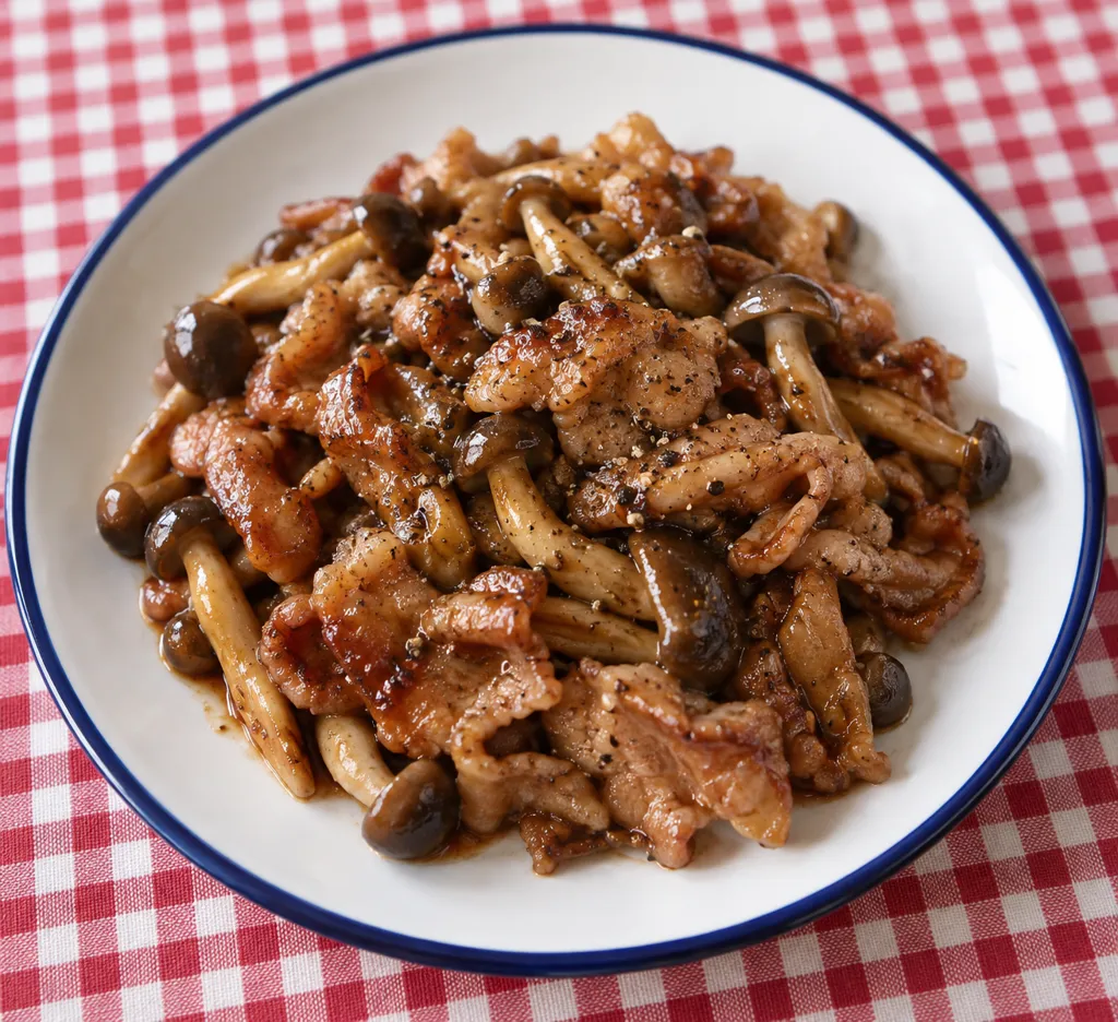 豚こま肉としめじの味噌バルサミコ焼きの完成イメージ