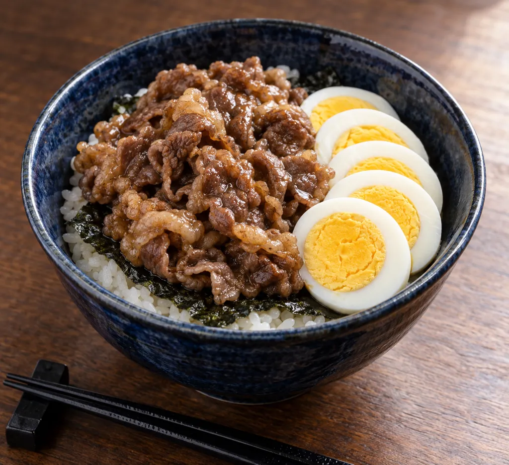 牛こま肉と卵ののり弁風丼の完成イメージ