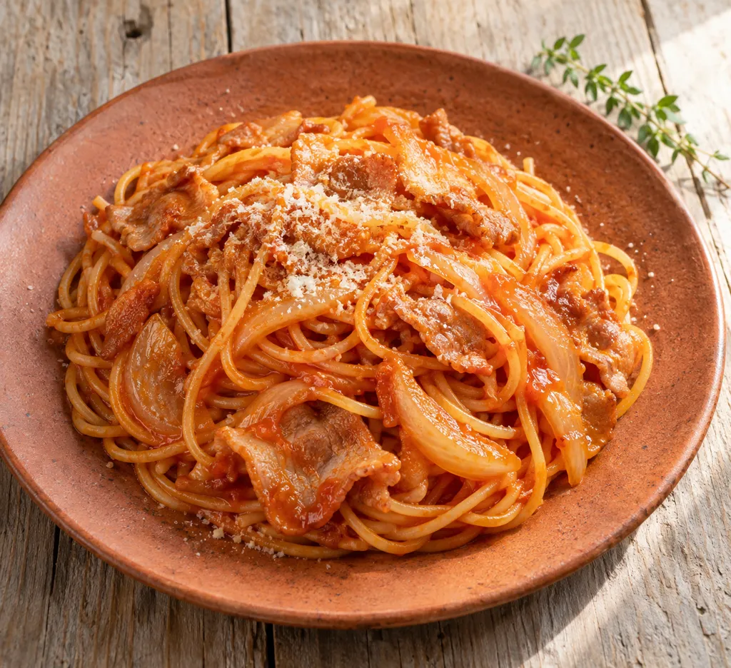 豚バラ肉と玉ねぎのナポリタンの完成イメージ
