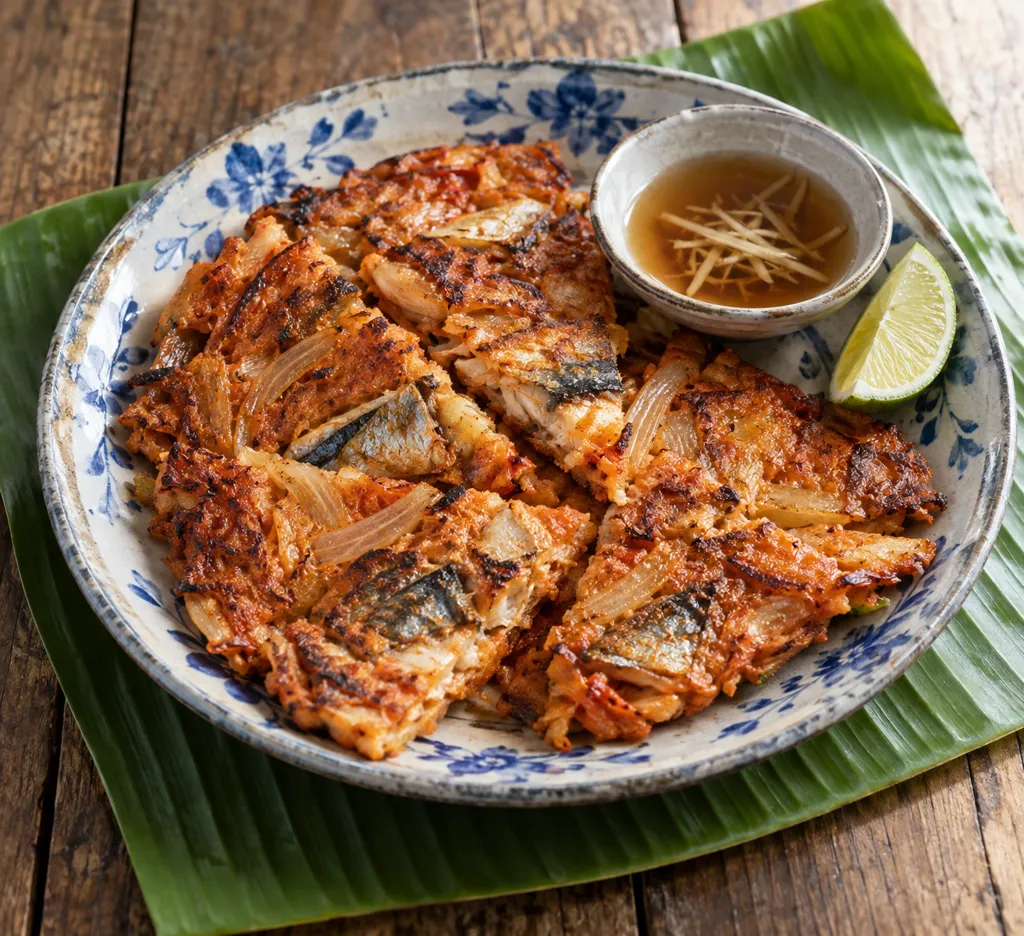 さばと玉ねぎのキムチチヂミの完成イメージ