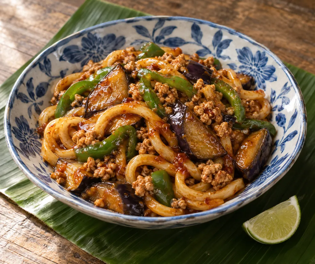 鶏ひき肉となすの韓国辛うどんの完成イメージ