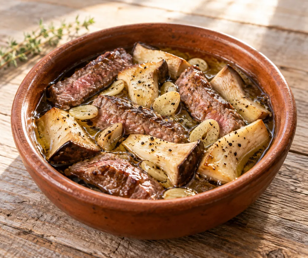 牛ステーキ肉とエリンギのアヒージョの完成イメージ