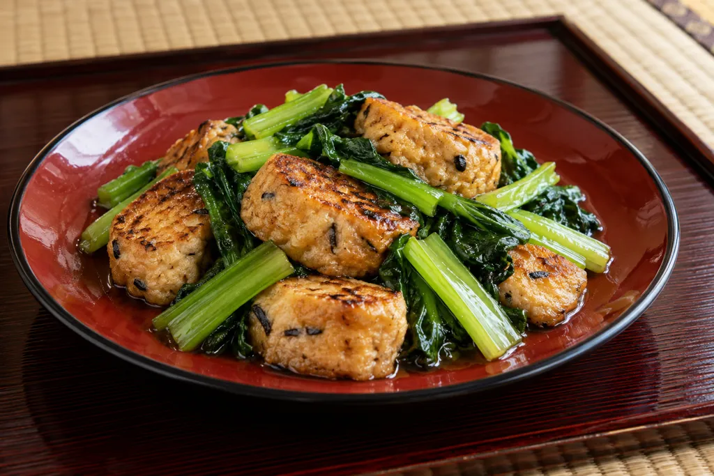 がんもどきと小松菜のごま油だし醤油焼きの完成イメージ