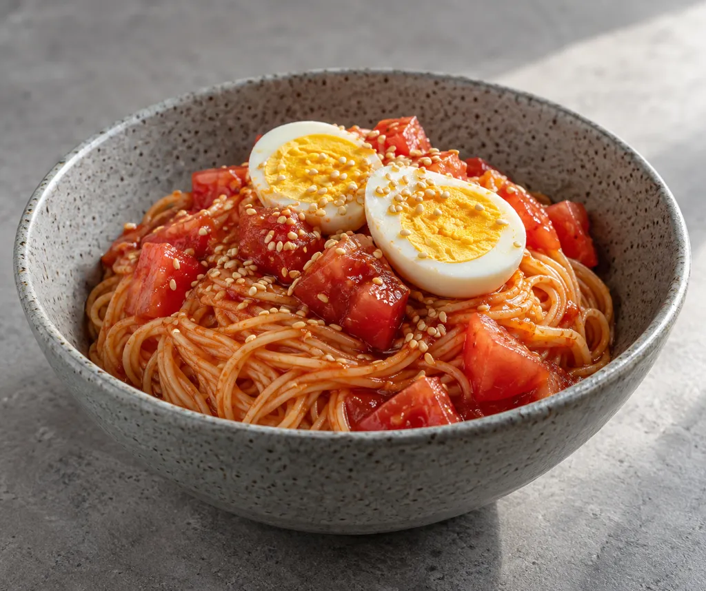 卵とトマトのそうめんビビン麺の完成イメージ