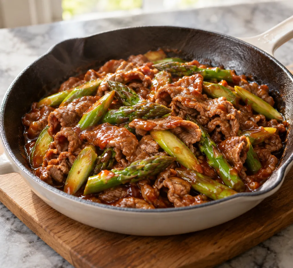 牛こま肉とアスパラの甘辛炒めの完成イメージ