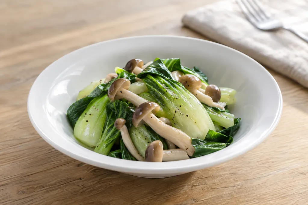 チンゲン菜としめじのレンジ温野菜サラダの完成イメージ