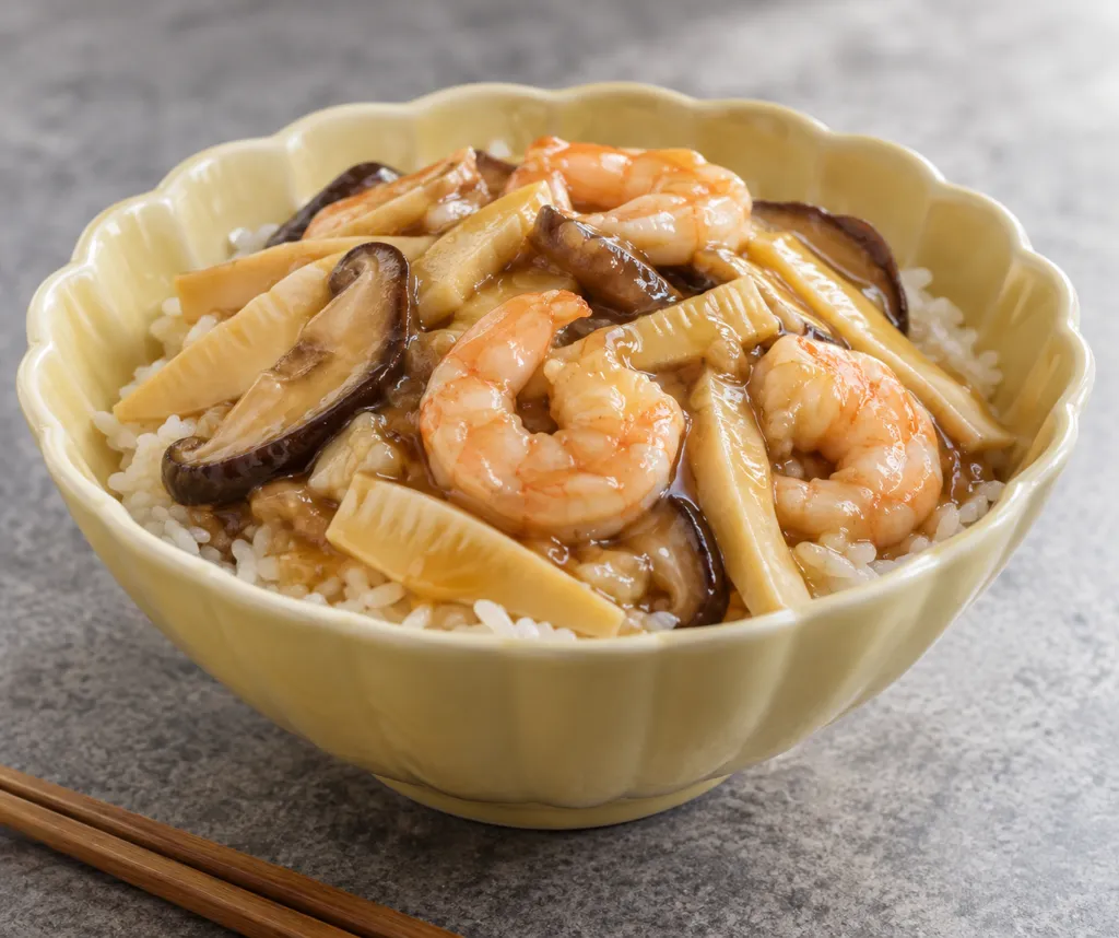 時短えびとたけのこの中華あんかけ丼の完成イメージ