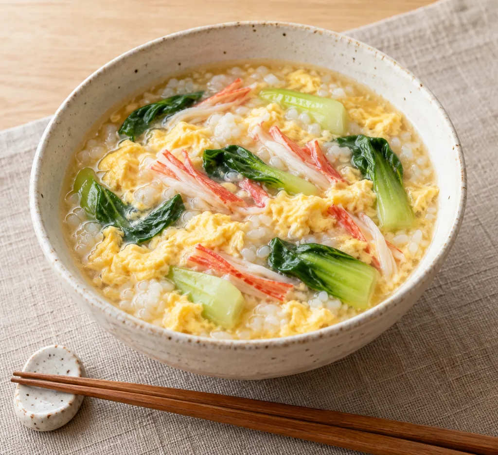 かにかまとチンゲン菜の卵雑炊の完成イメージ