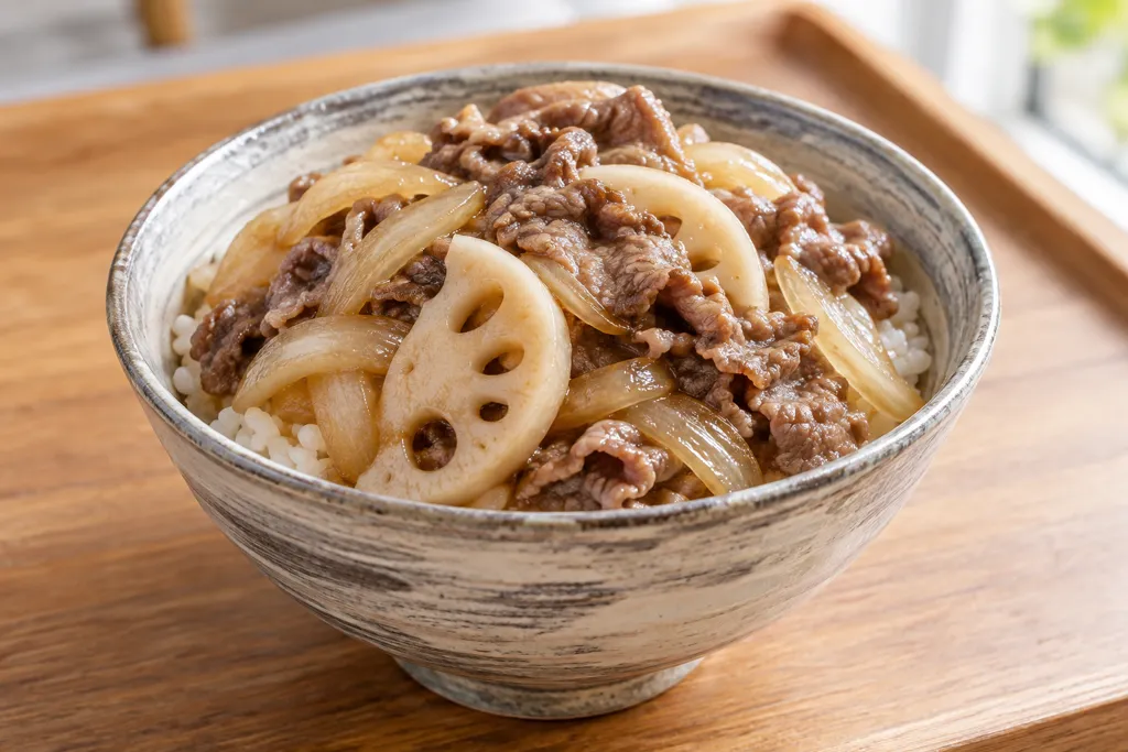 れんこんと玉ねぎの牛もも丼の完成イメージ