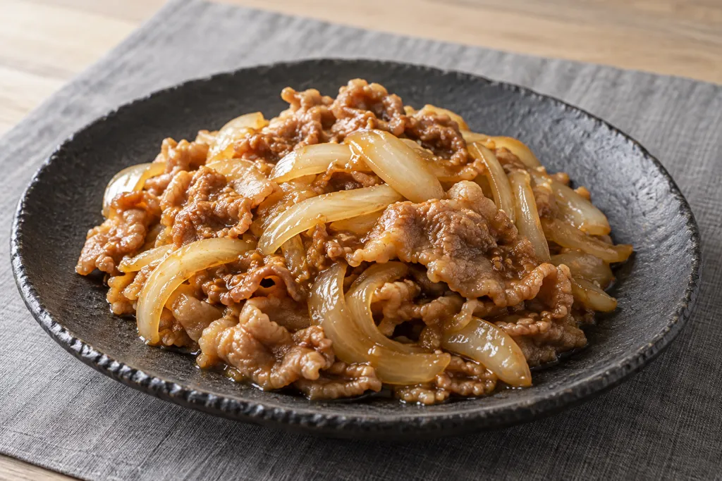 時短豚こま肉と玉ねぎのごま炒めの完成イメージ
