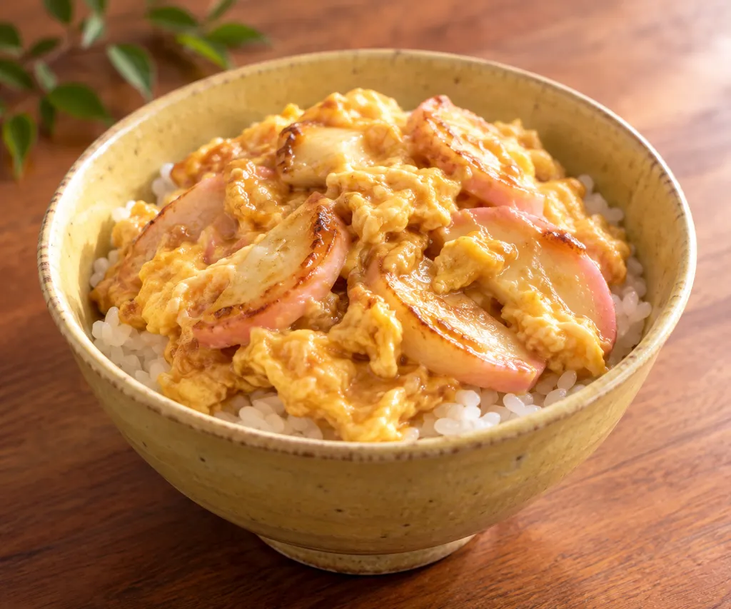 焼きかまぼこと卵のマヨ醤油丼の完成イメージ