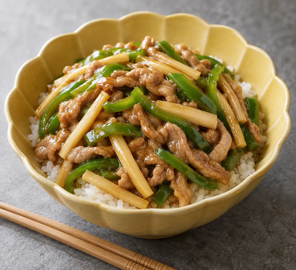 豚こま肉とピーマンの中華丼の完成イメージ