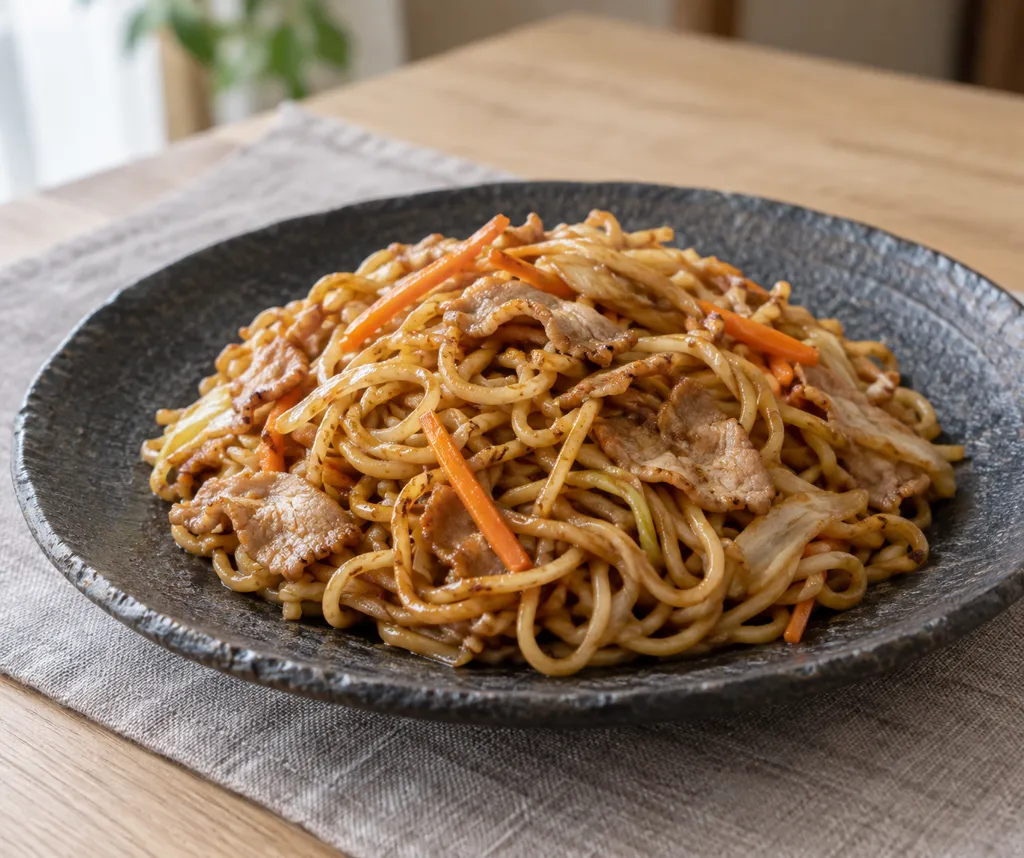 時短豚こま肉とにんじんのソース焼きそばの完成イメージ