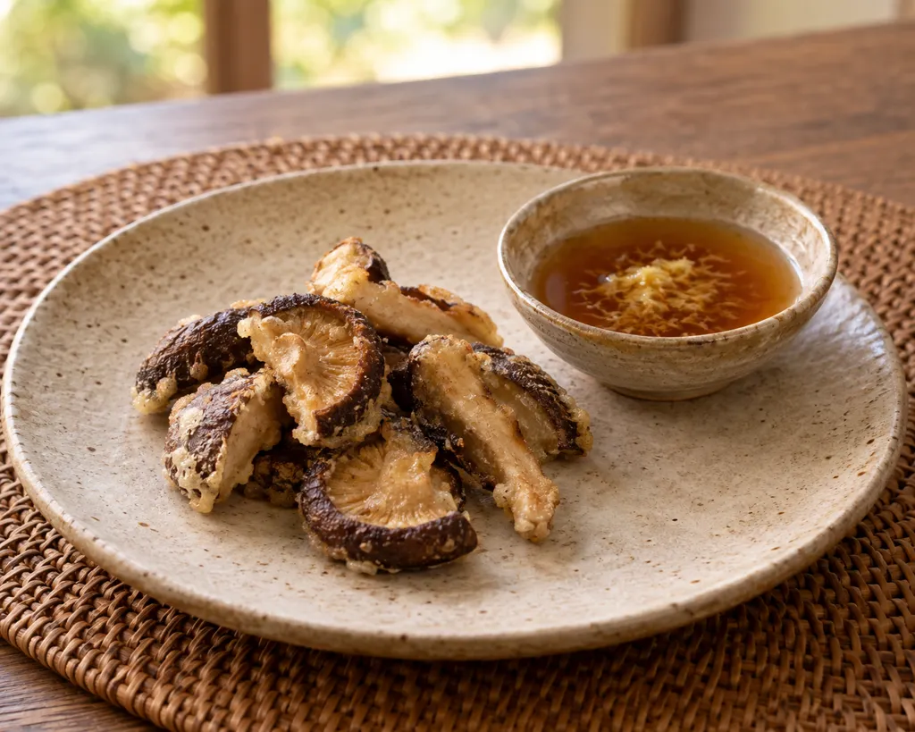 しいたけの薄衣揚げ焼き 天つゆ添えの完成イメージ