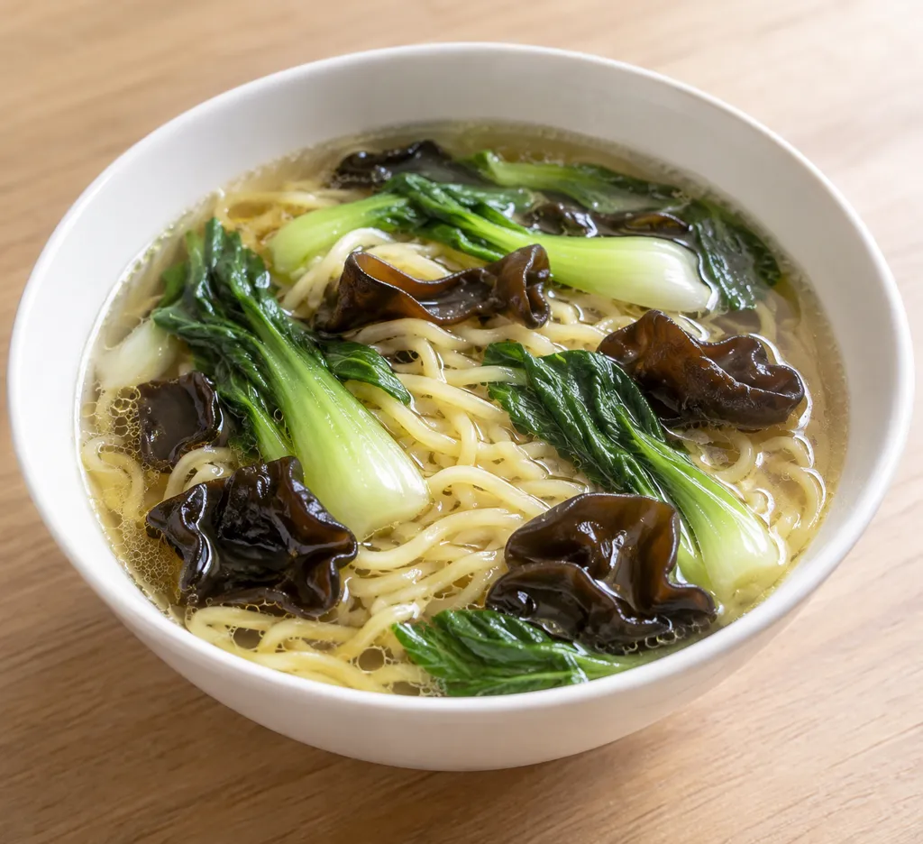 きくらげとチンゲン菜の中華スープ麺の完成イメージ