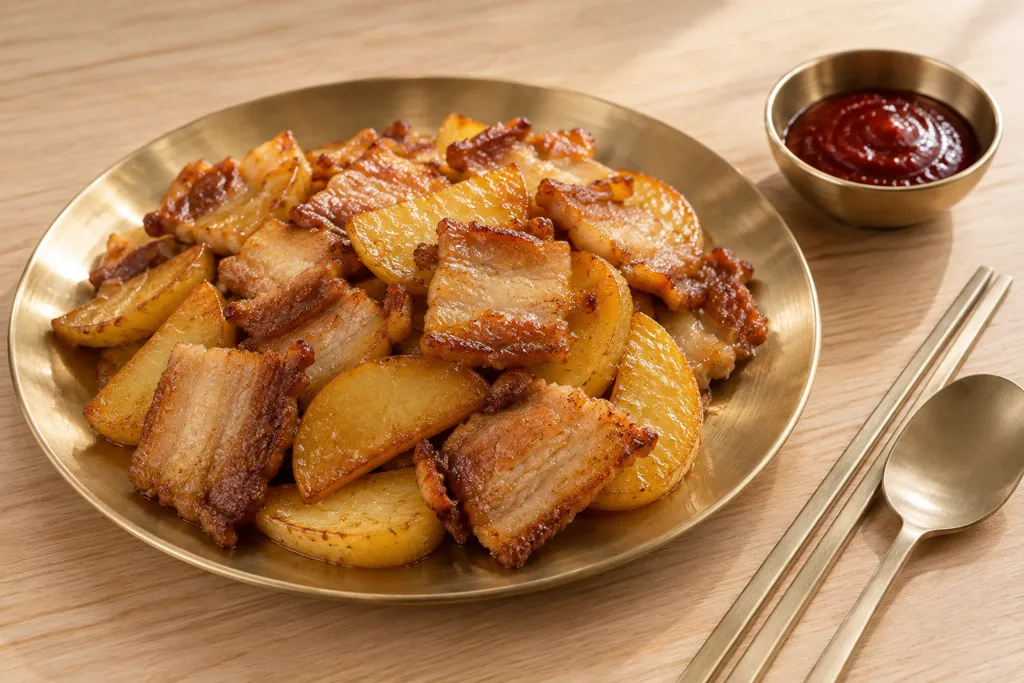 豚バラ肉とじゃがいもの甘辛だれ添えの完成イメージ