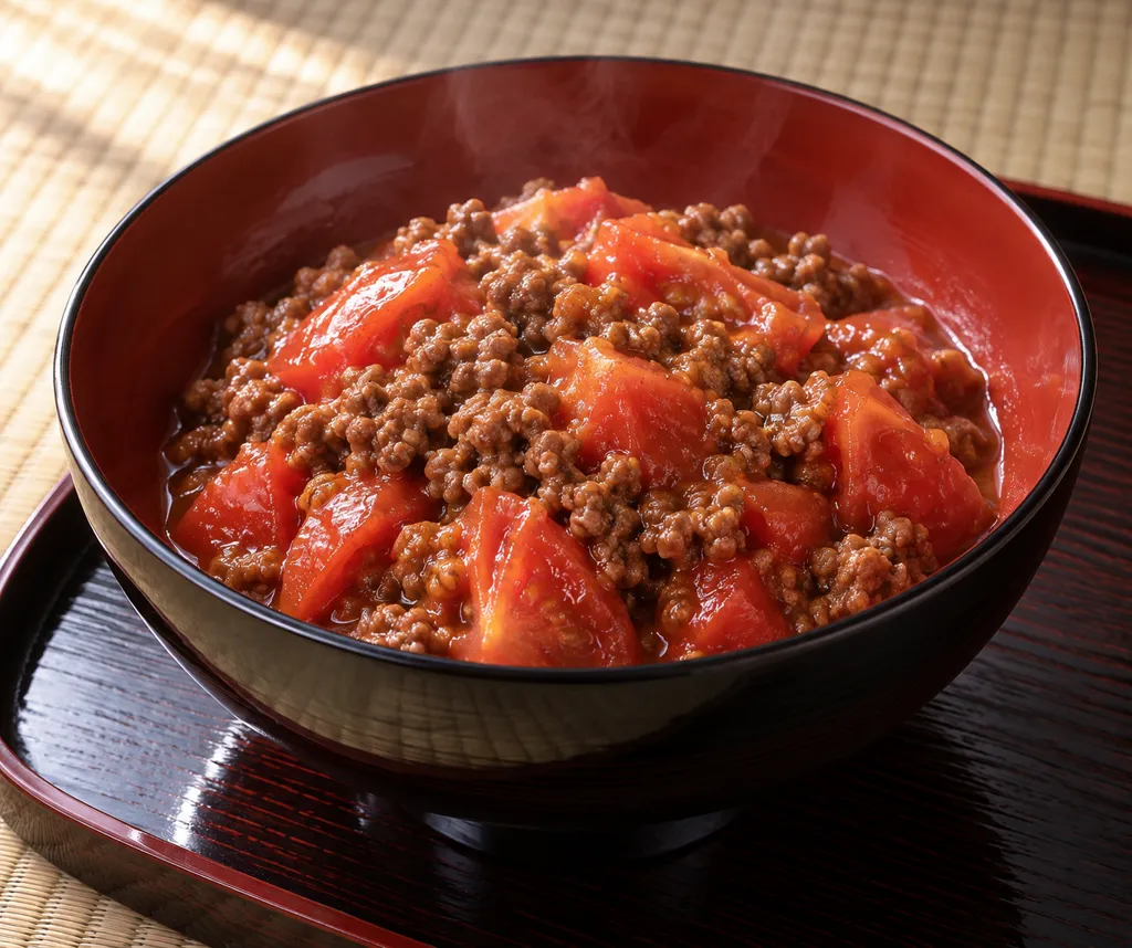合いびき肉とトマトの醤油炒めの完成イメージ