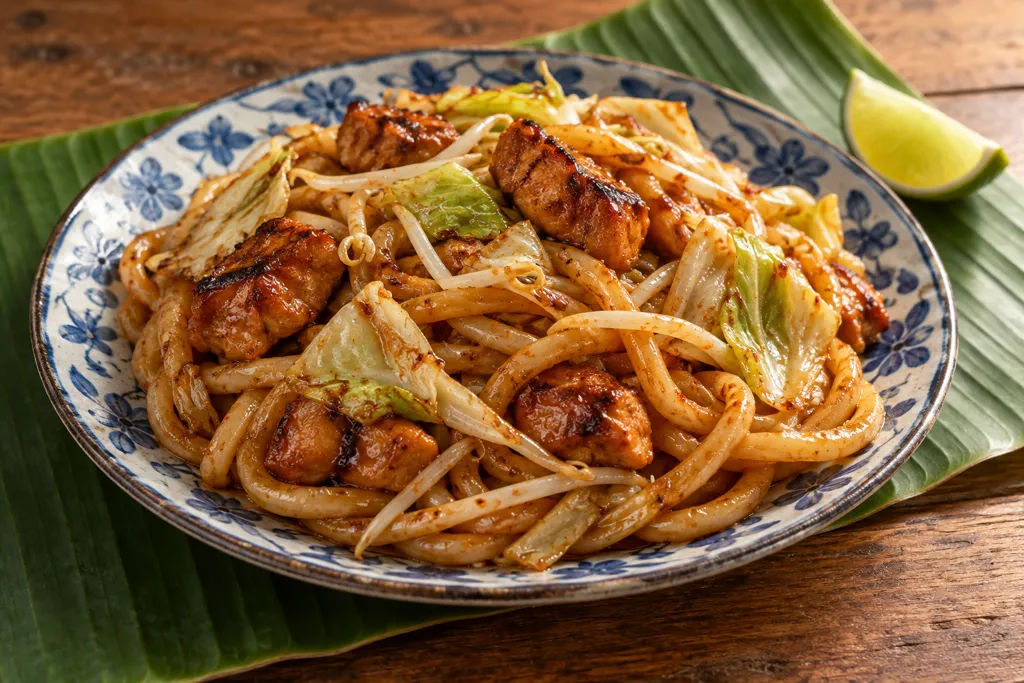焼き鳥とキャベツの辛口焼きうどんの完成イメージ