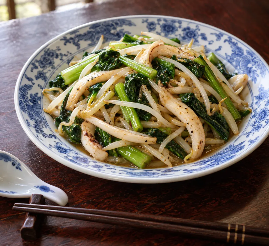 いかと小松菜のにんにく醤油炒めの完成イメージ