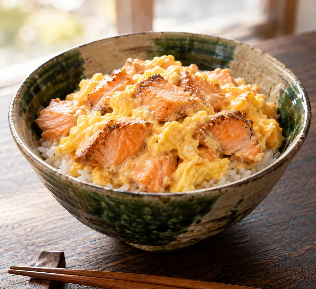 鮭と卵の味噌マヨ焼き丼の完成イメージ