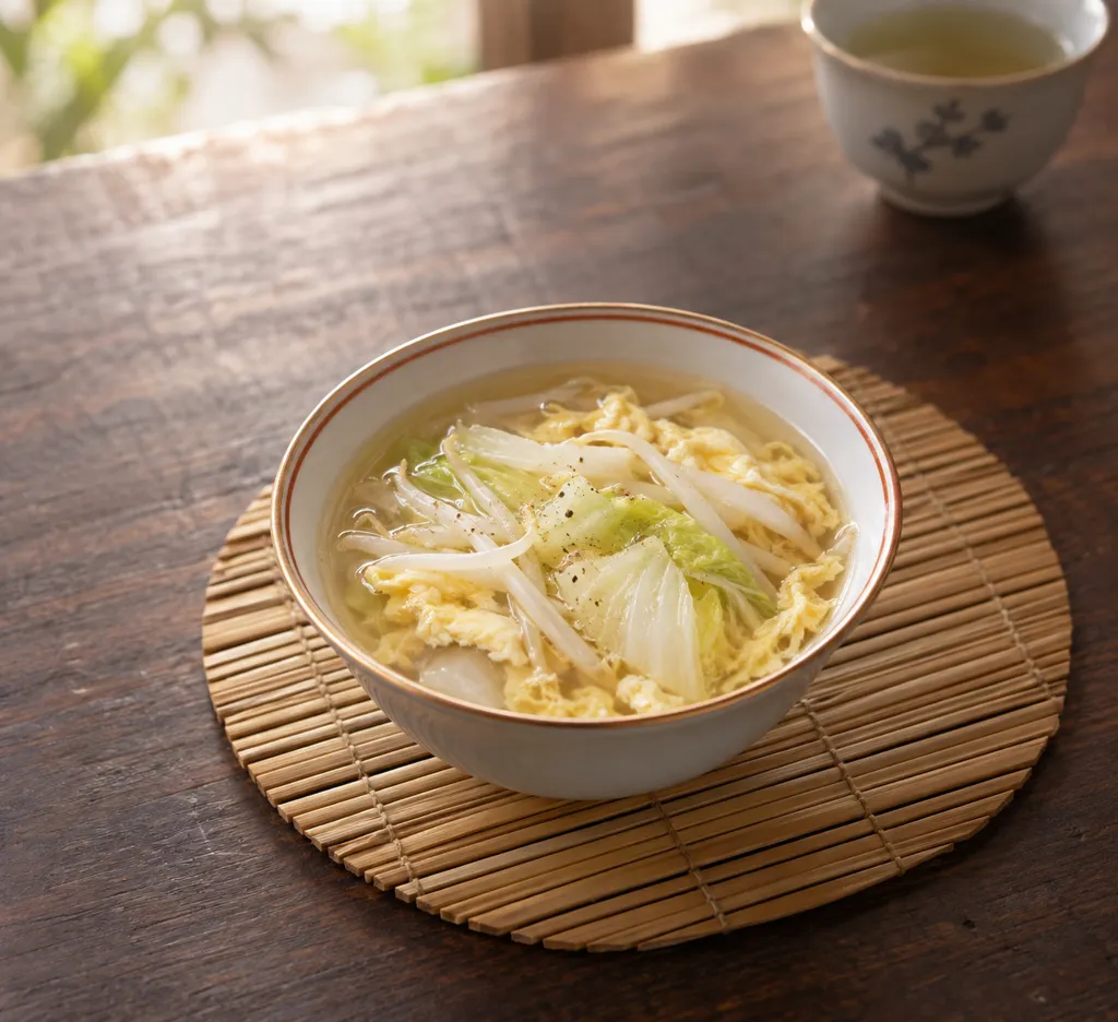 もやしと白菜の卵入り中華汁の完成イメージ