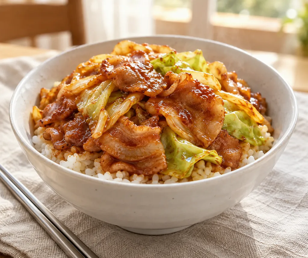 豚バラ肉とキャベツの韓国甘辛丼の完成イメージ