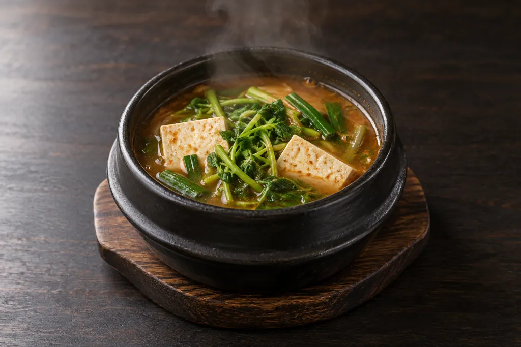 豆腐と豆苗の旨辛味噌スープの完成イメージ