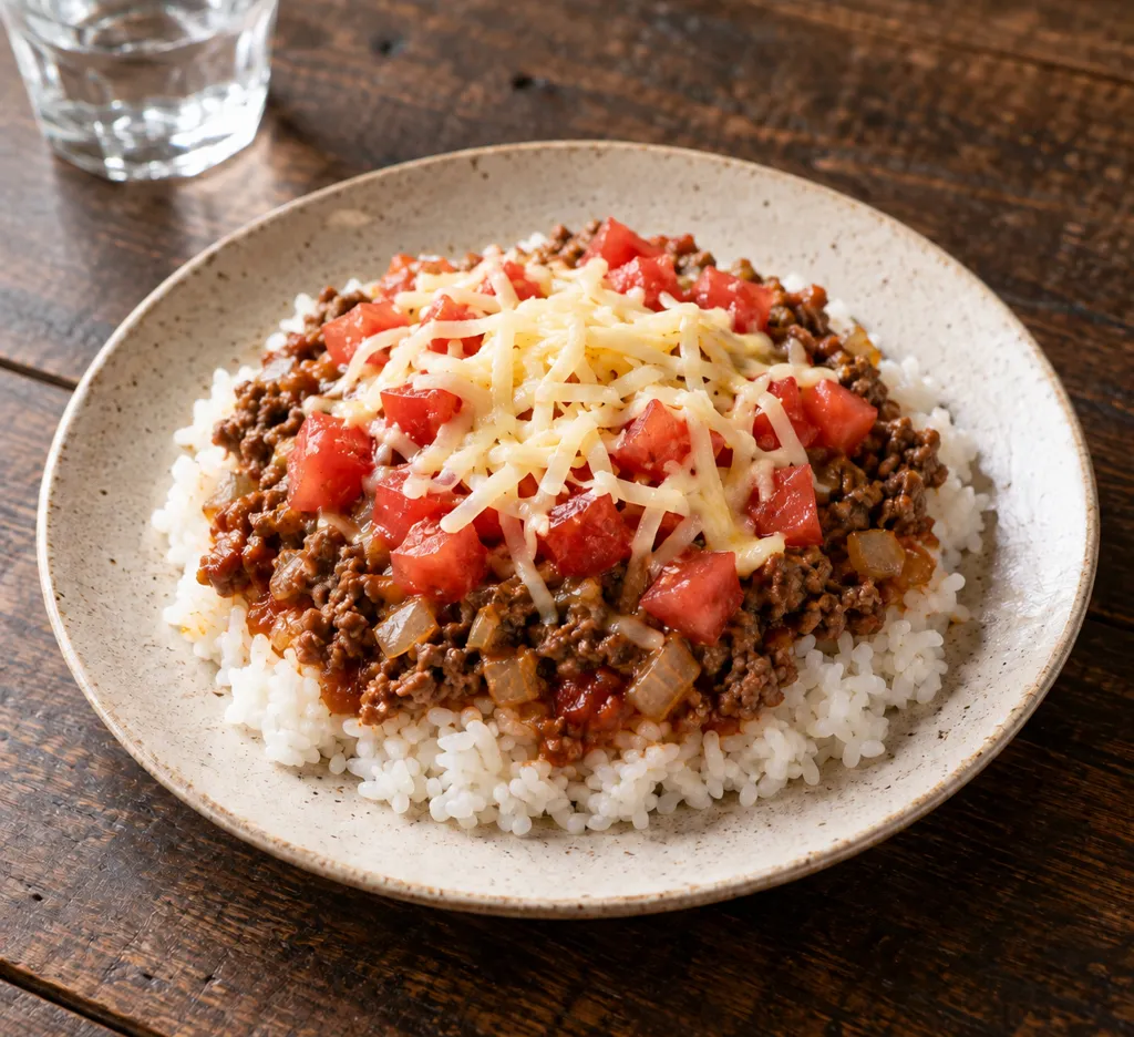 牛ひき肉とトマトのタコライスの完成イメージ