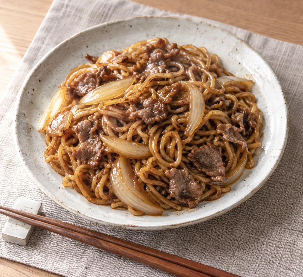 牛こま肉と玉ねぎの焼きそばの完成イメージ