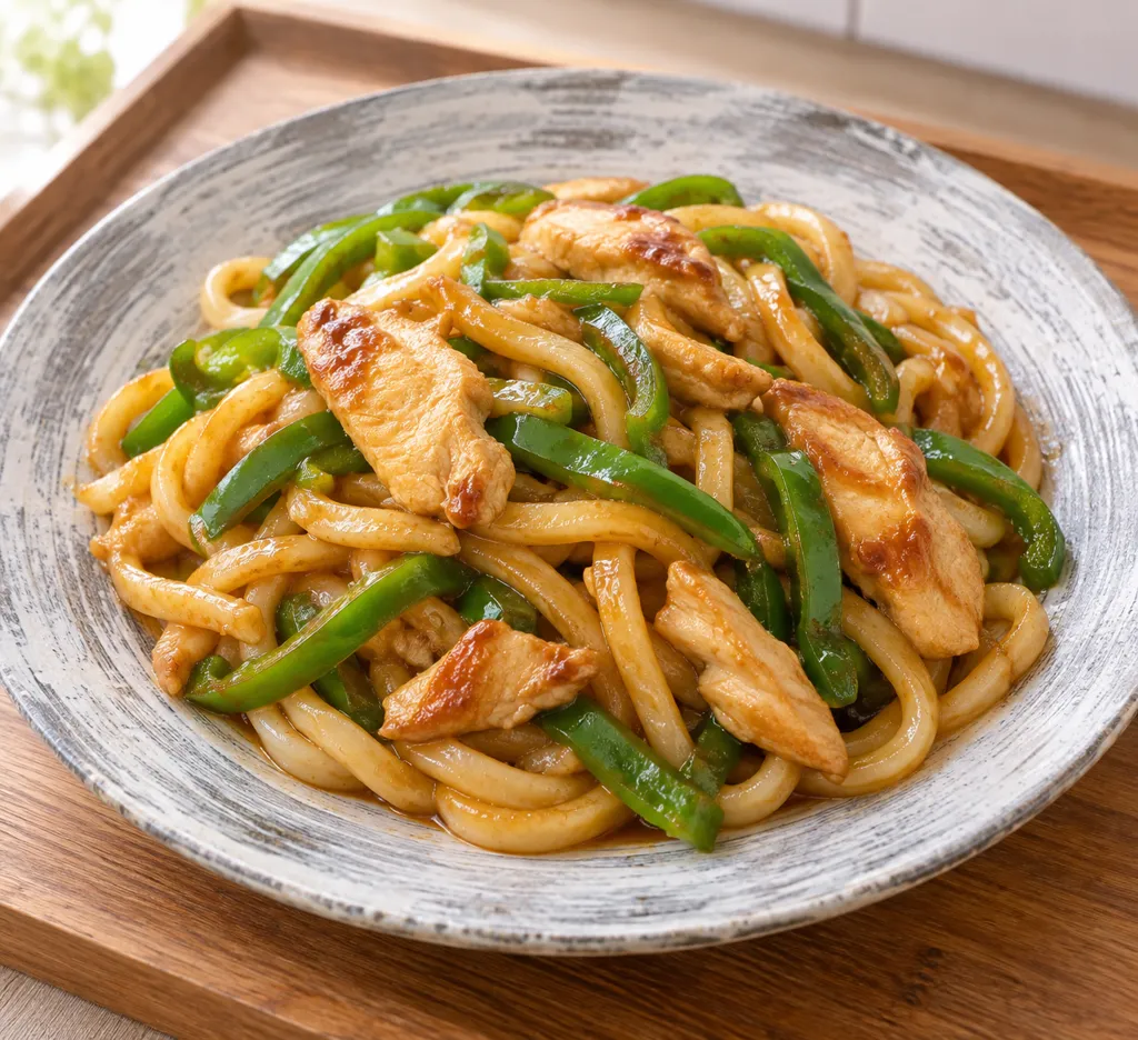 鶏むね肉とピーマンの味噌醤油焼きうどんの完成イメージ