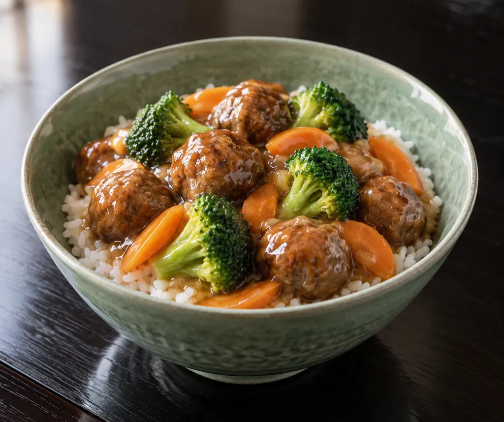 ミートボールとブロッコリーのあんかけ丼の完成イメージ