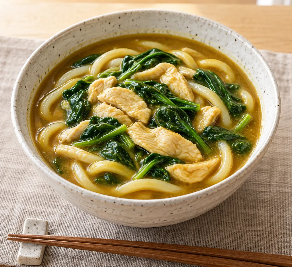 鶏むね肉とほうれん草のカレーうどんの完成イメージ