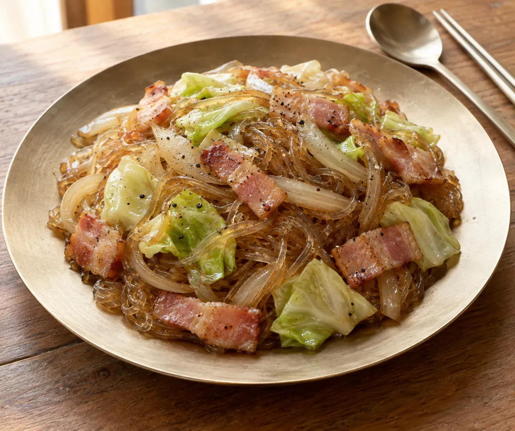 ベーコンとキャベツ玉ねぎのチャプチェの完成イメージ
