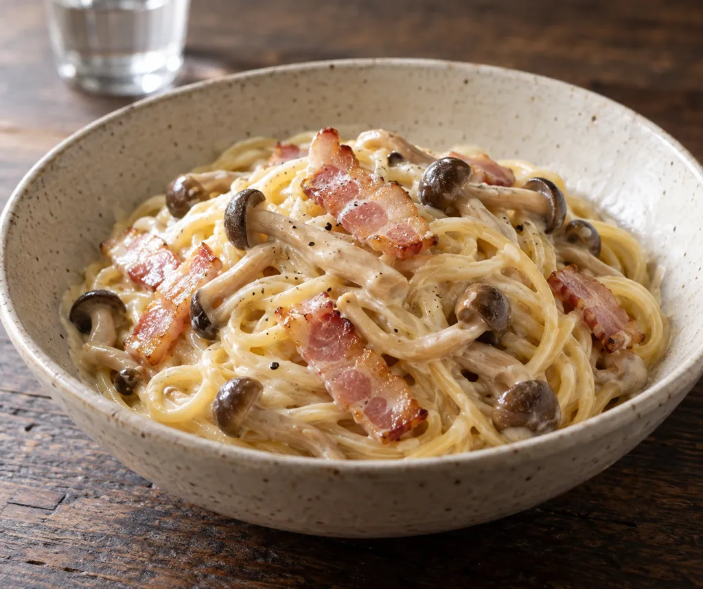 ベーコンとしめじのクリーム風パスタの完成イメージ