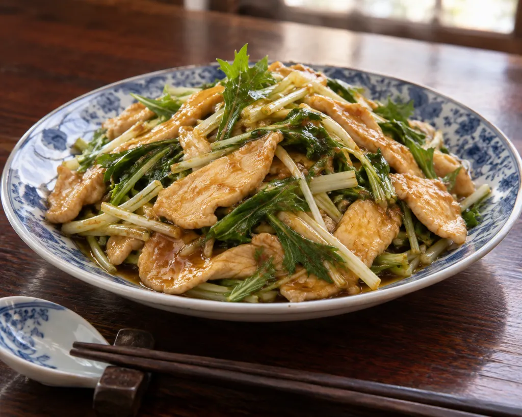 鶏むね肉と水菜の辛味噌炒めの完成イメージ