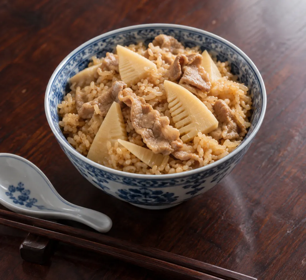 豚こま肉とたけのこの中華炊き込みご飯の完成イメージ