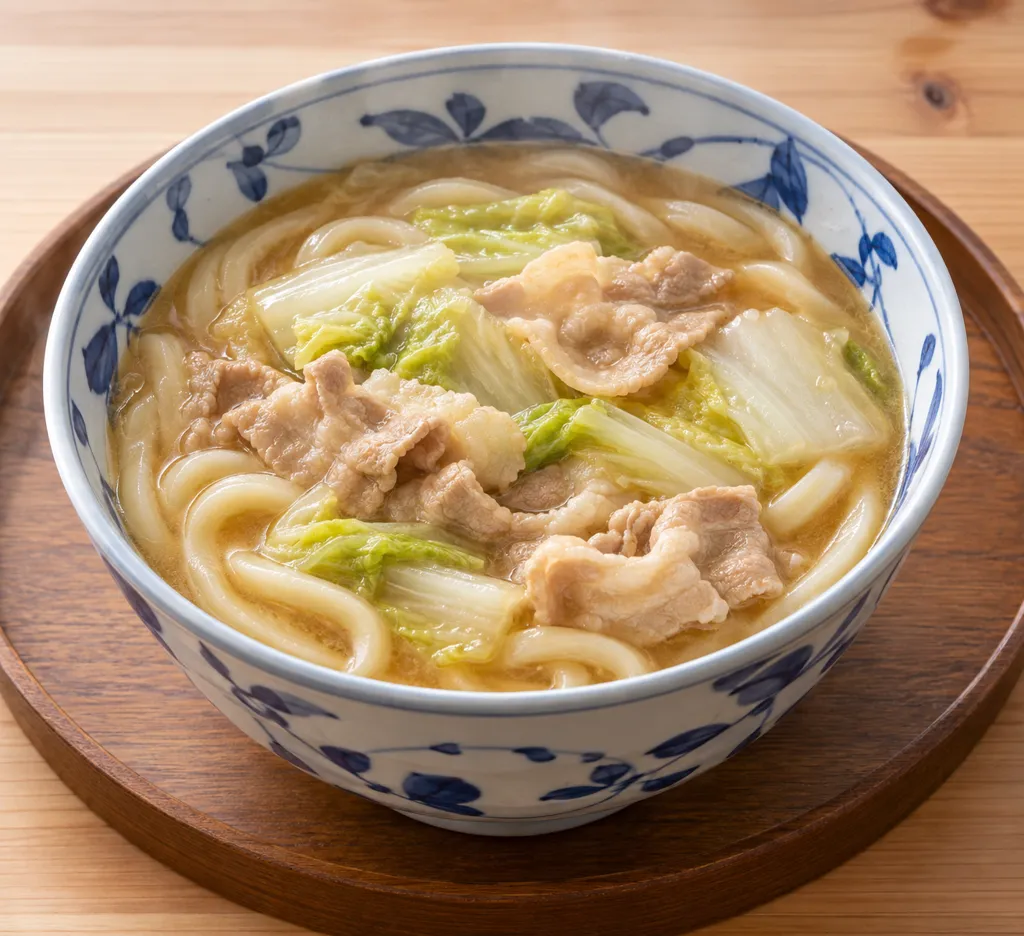 豚バラ肉と白菜の味噌煮込みうどんの完成イメージ
