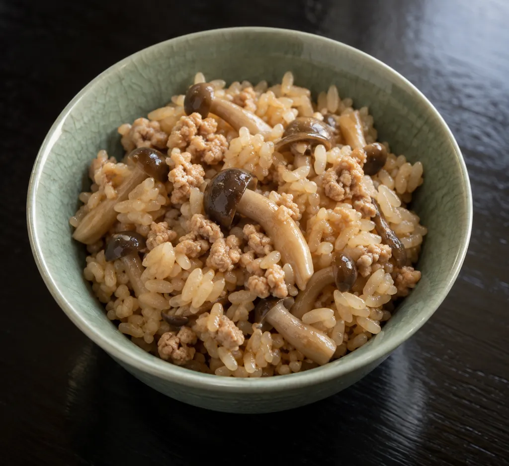 鶏ひき肉としめじの中華炊き込みご飯の完成イメージ