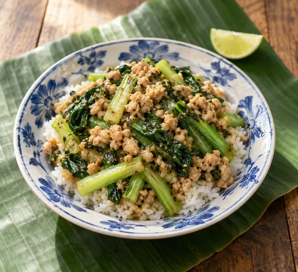 鶏ひき肉と小松菜のバジル炒め丼の完成イメージ