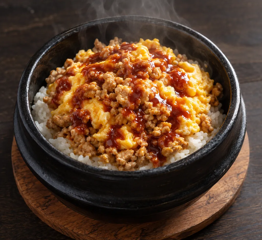 鶏ひき肉と卵の韓国卵丼の完成イメージ